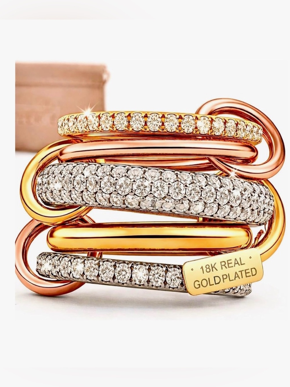 18K Gold-Plated Crystal Stackable Ring - Rose Gold and Gold